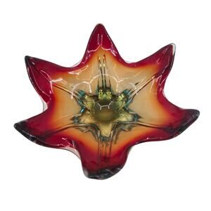 Vintage 60's Mid-century Modernist Starburst Glass Murano Italy Red Ashtray Bowl